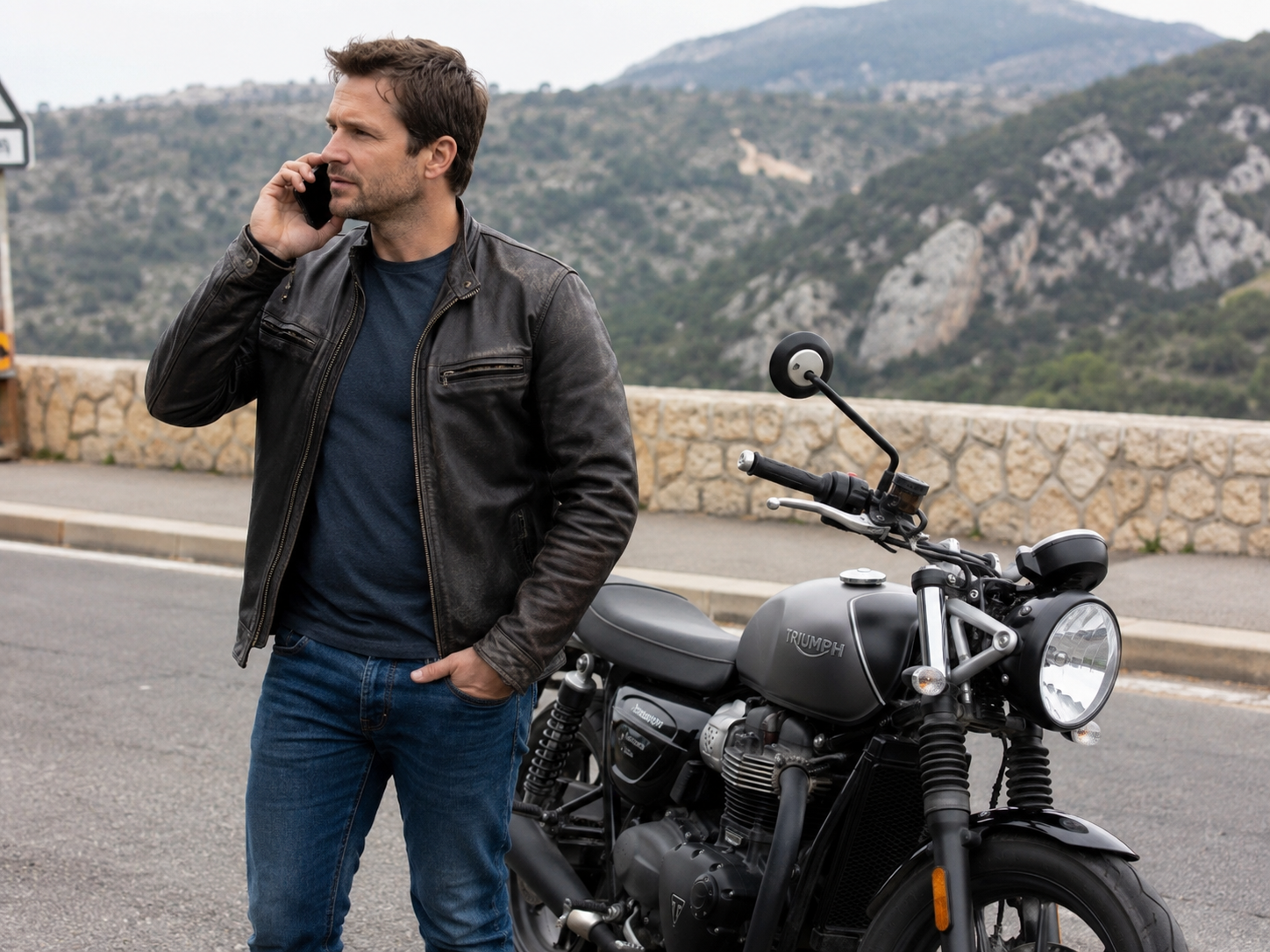 White man standing next to his motorcycle while making a phone call