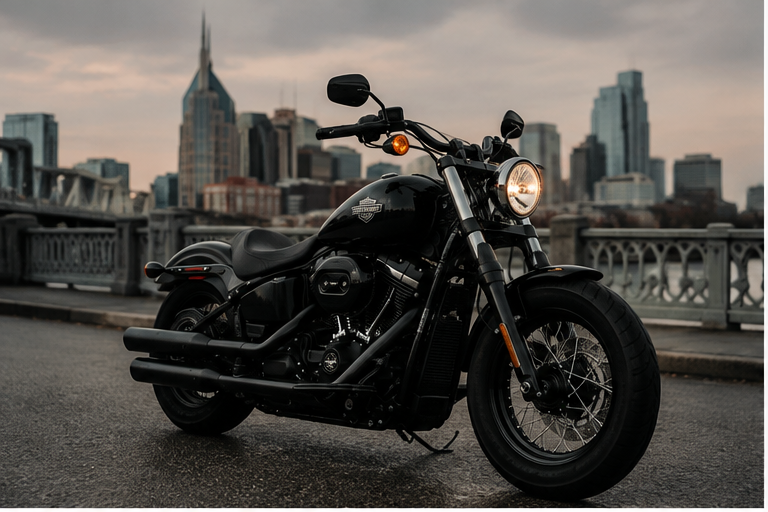 black and gray cruiser motorcycle parked beside building