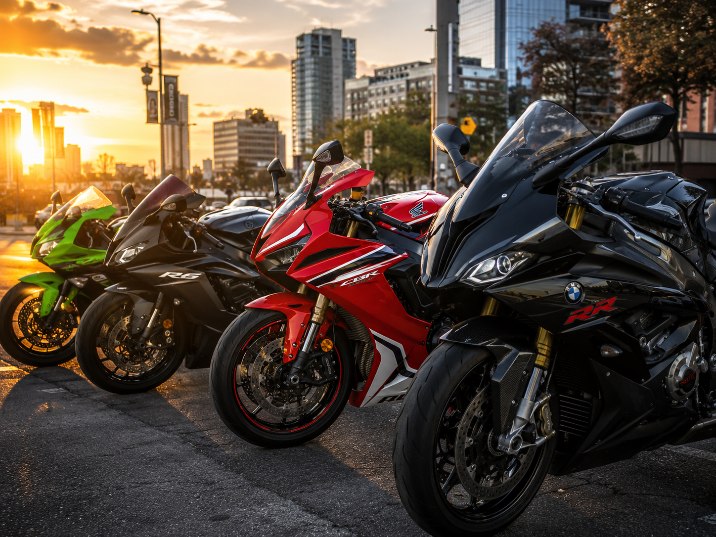 A black sportbike motorcycle parked on a street